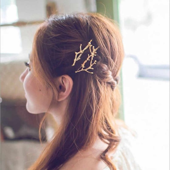 2 Gold Metal Natural Branch Barrettes - One Pair - Picture 6 of 6